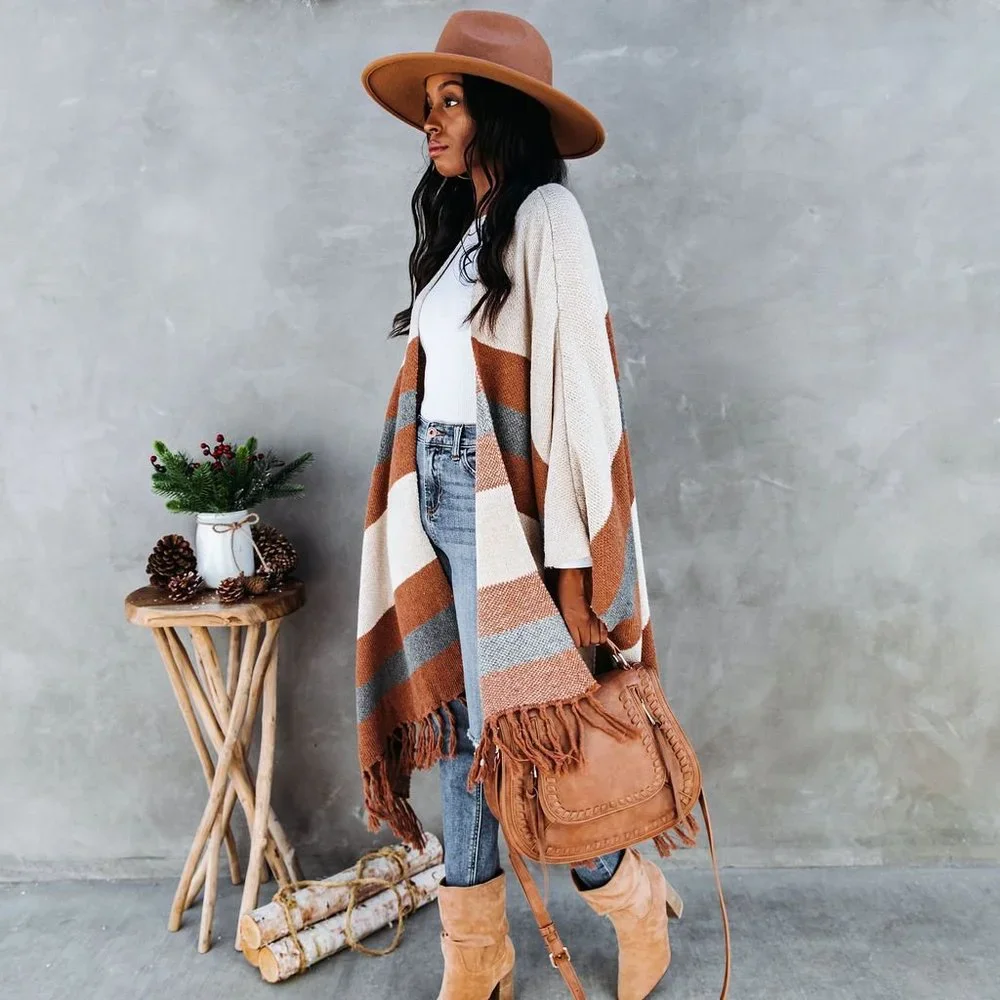 New Western Stripe Fringe Poncho Blanket Cardigan Sweater - Picture 7 of 7